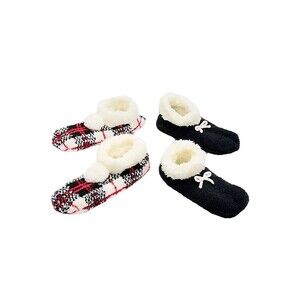 Cuddl Duds Set of 2 Faux Teddy Sherpa Lined Ballerina Socks Black/Plaid 4-10 New